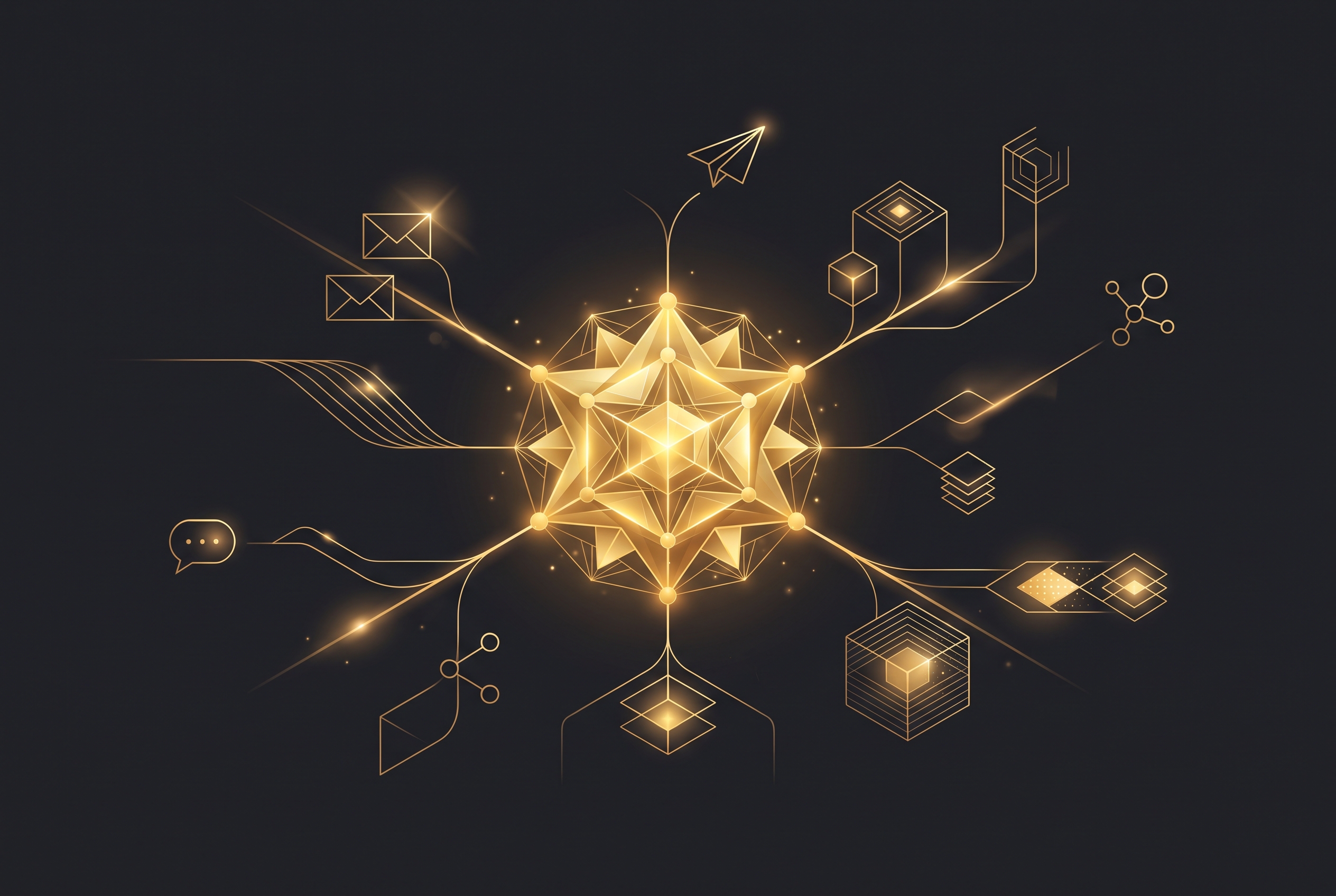 Abstract graphic showing AI unifying brand elements like colors, fonts, and logos across various digital marketing channels for a small business.