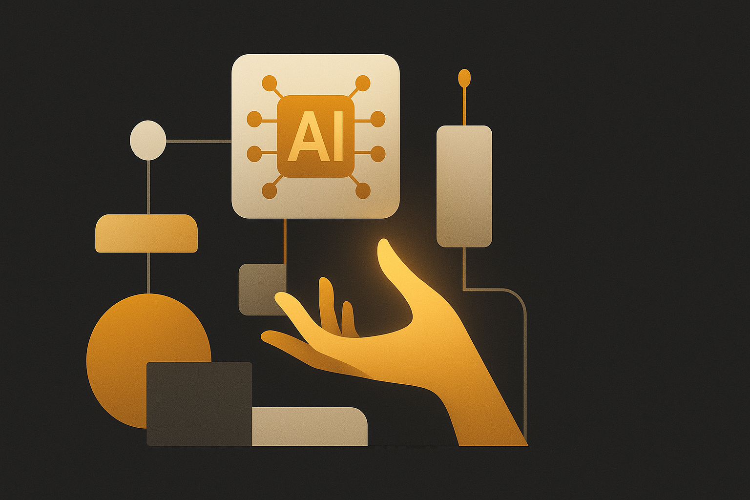 Illustration of a small business owner using AI tools with a human hand reaching out to a customer, symbolizing automation with a personal touch.