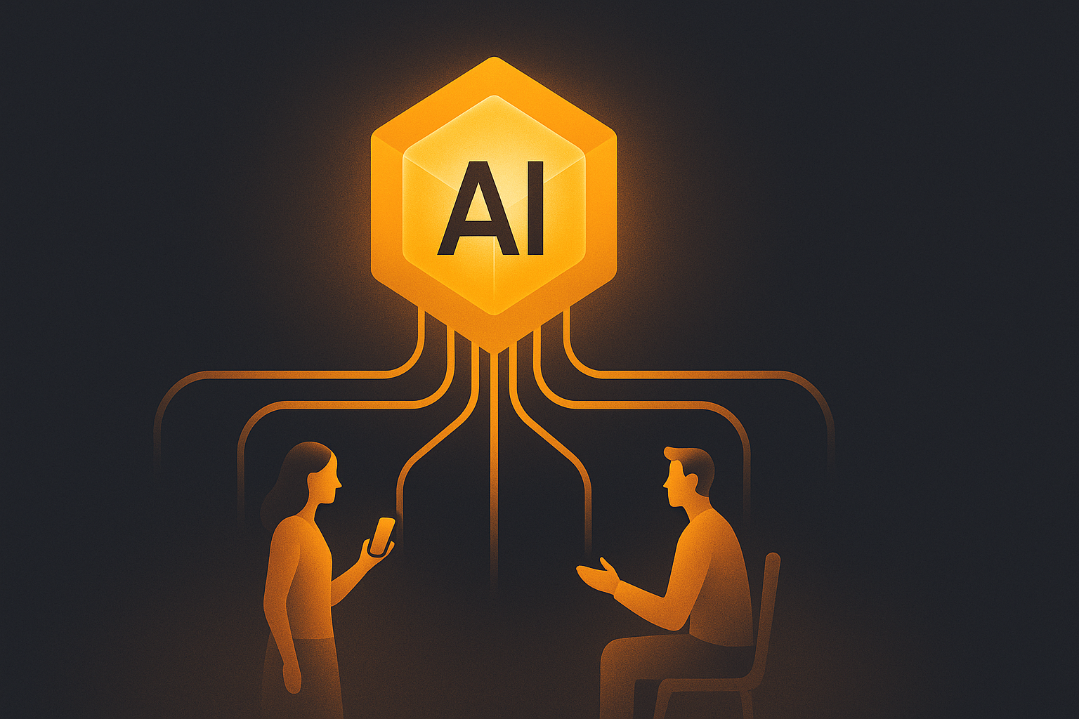 A small business owner working on a laptop, surrounded by AI-generated content and social media graphics, representing efficient AI marketing
