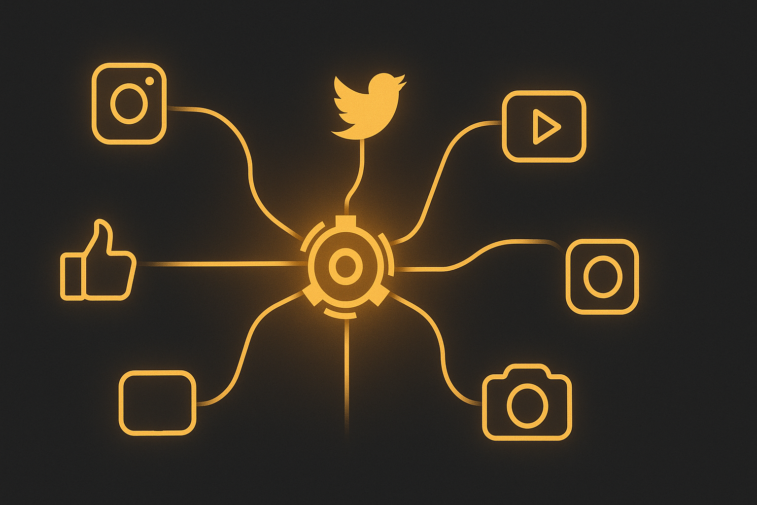 A small business owner efficiently managing a social media scheduling dashboard, with various platform logos (Facebook, Instagram, LinkedIn) and a calendar grid.