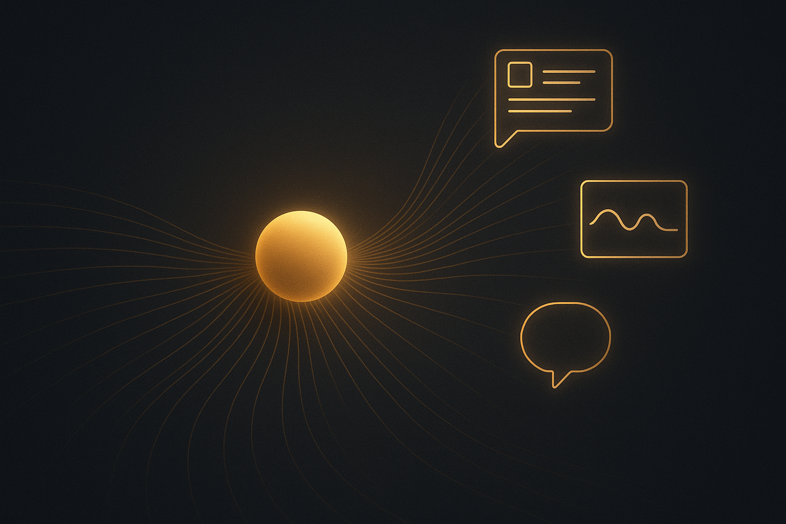 A glowing customer review with stars transforming into various digital marketing assets including social media icons, video player symbols, and advertisement banners.